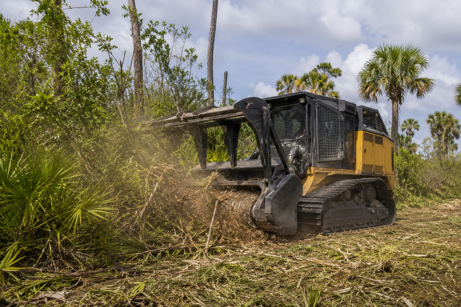 Forestry mulching machine clearing dense brush