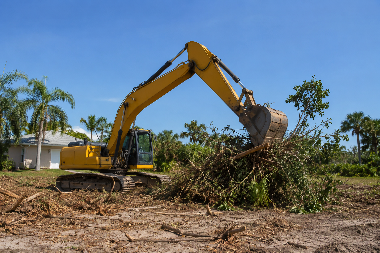 Excavator removing brush and trees on a Florida lot