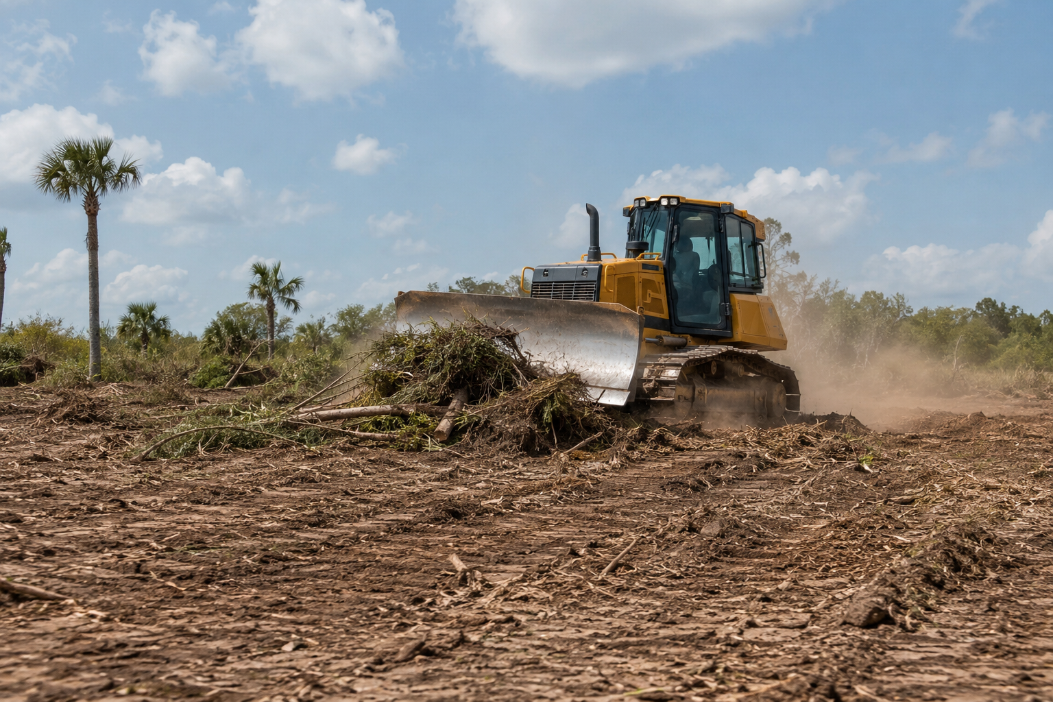Bulldozer clearing a wooded lot