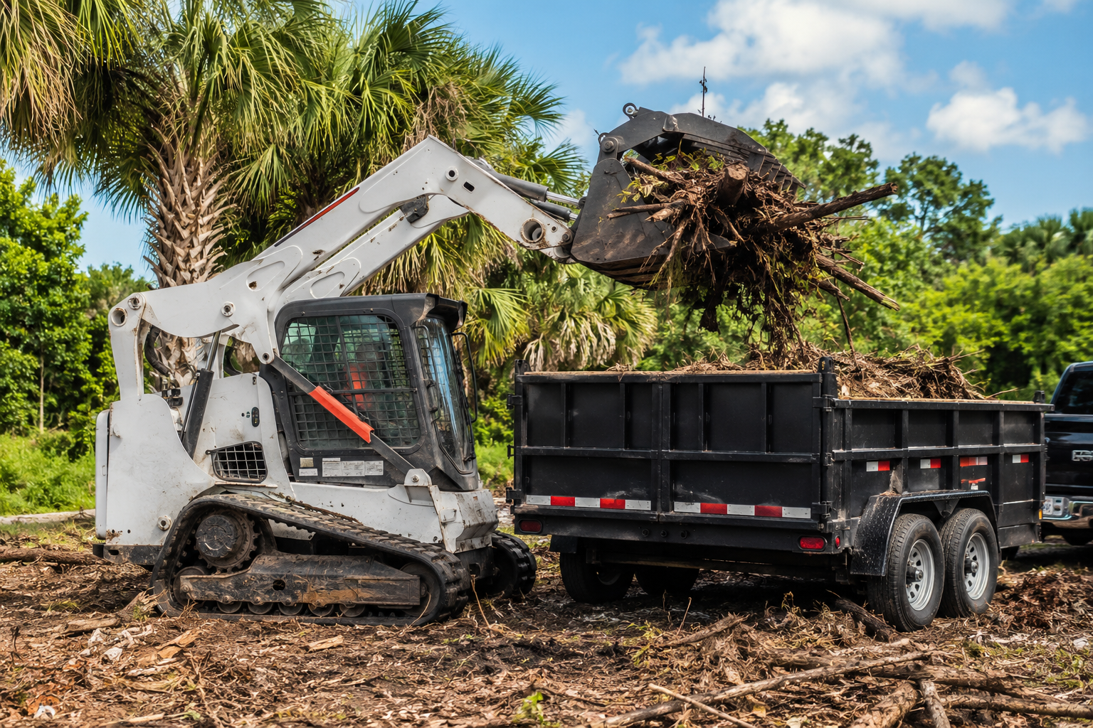 Skid steer loading debris into a dump trailer
