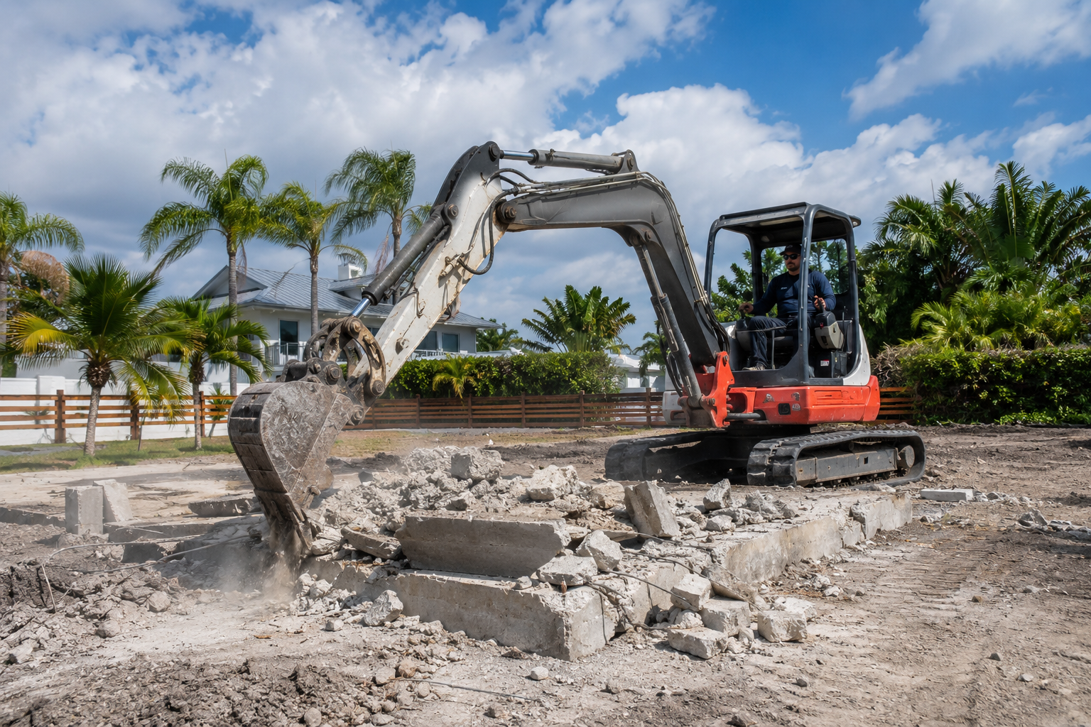 Mini excavator breaking up concrete during demolition